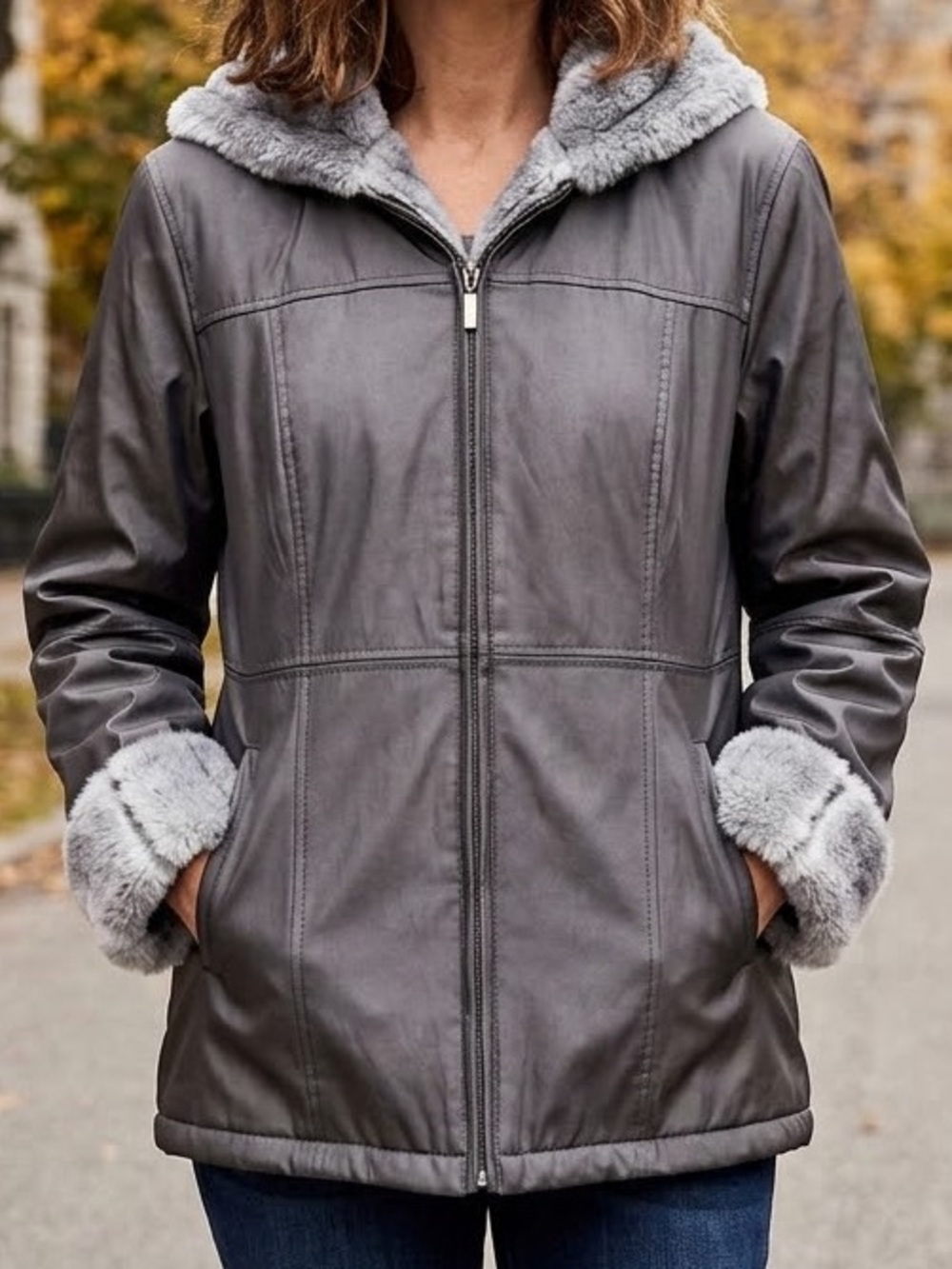 White Stag Faux Leather Jacket Women Sz XL Gunmetal Gray Faux Fur Trim Hooded